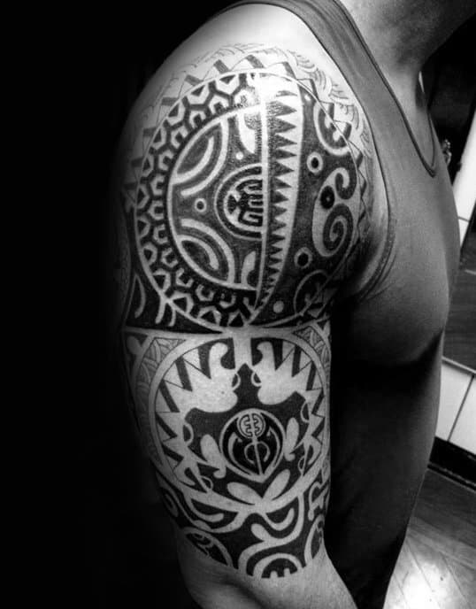 Gentleman With Half Sleeve Hawaiian Tattoos Of Tribal Turtle