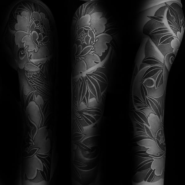 Gentleman With Half Sleeve Japanese Heavily Shaded Flower Tattoo Design