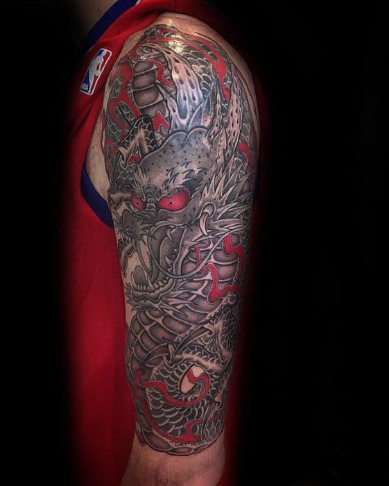 Gentleman With Half Sleeve Red And Grey Dragon Tattoo