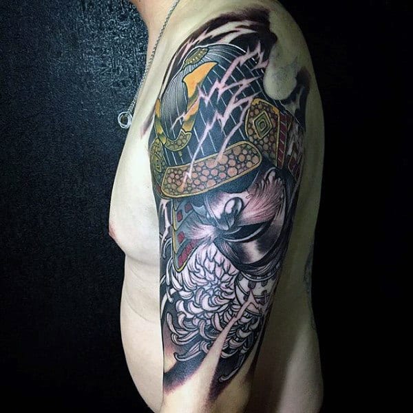 Gentleman With Half Sleeve Tattoo Of Samurai Helmet
