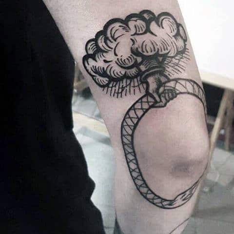 Gentleman With Hand Striking Out Of Clouds Holding Ouroboros Tattoo On Elbow And Tricep