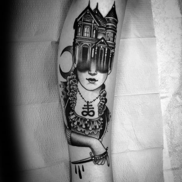 Gentleman With Haunted House Tattoo