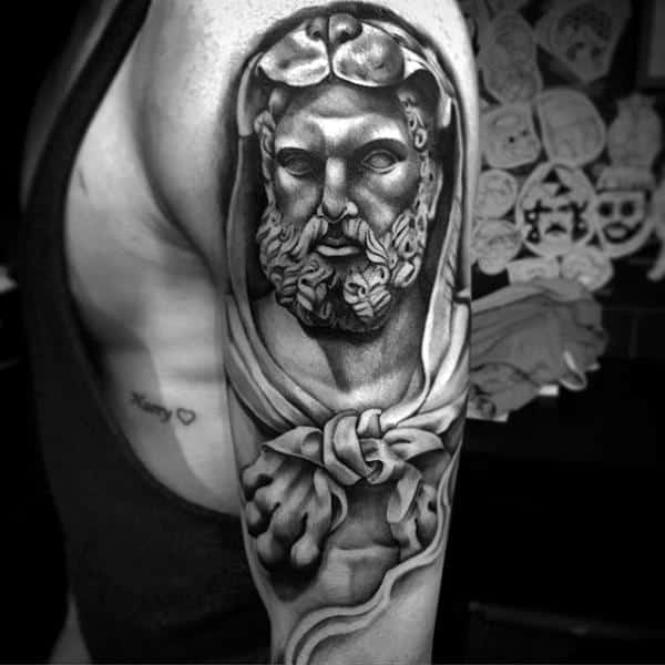 Gentleman With Hercules Half Sleeve Tattoo With Shaded Design