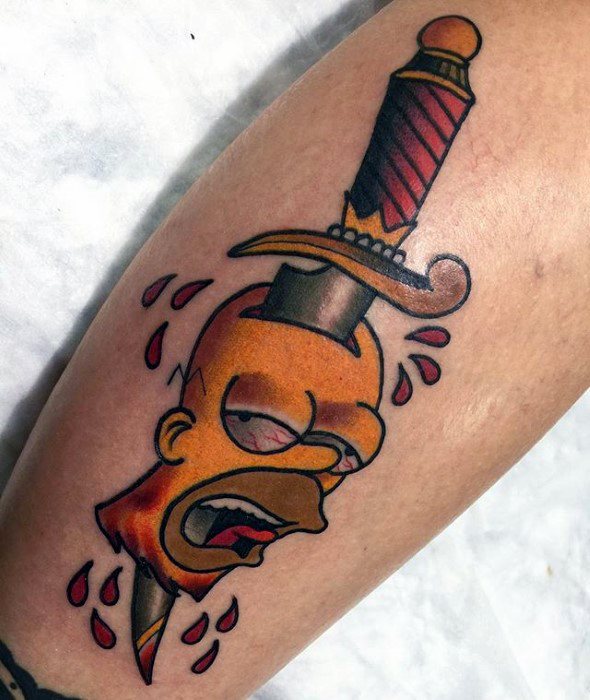 Gentleman With Homer Simpson Dagger Leg Tattoo