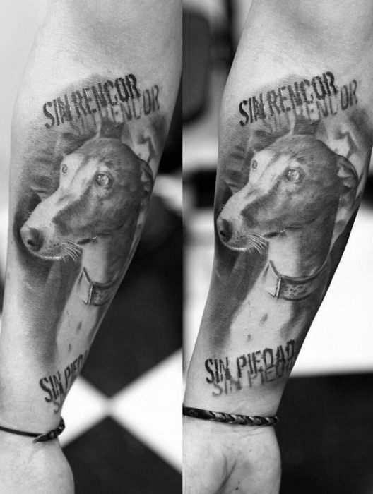 Gentleman With Inner Forearm Greyhound Dog Tattoo