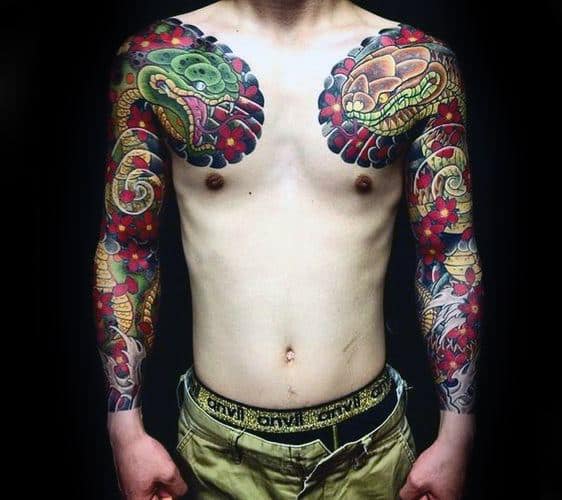 Gentleman With Japanese Snake Full Arm Sleeve Tattoo