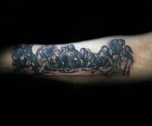 Gentleman With Jesus Last Supper Table Inner Forearm Tattoo