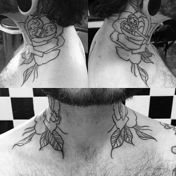 Gentleman With Lock And Rose Flower Black Ink Outline Neck Tattoo