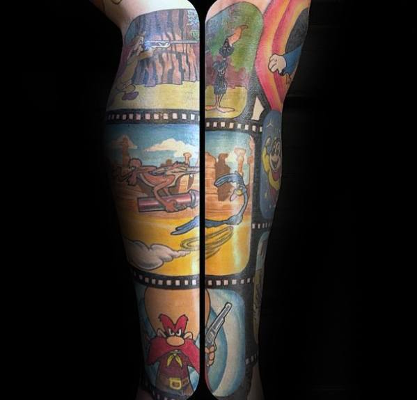 Gentleman With Looney Tunes Themed Sleeve Leg Tattoo