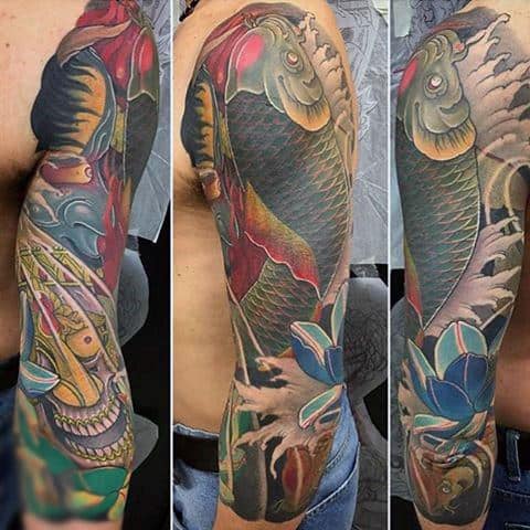 Gentleman With Lotus Flower Full Sleeve Koi Fish Tattoos