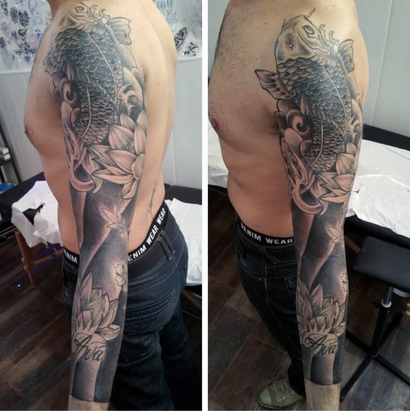 Gentleman With Lotus Flower Full Sleeve Tattoo Design