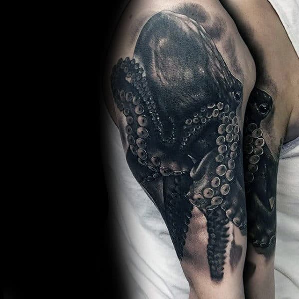 Gentleman With Manly Shaded Octopus 3d Arm Tattoo