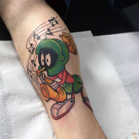 Gentleman With Marvin The Martian Playing Musical Insutrment Leg Tattoo