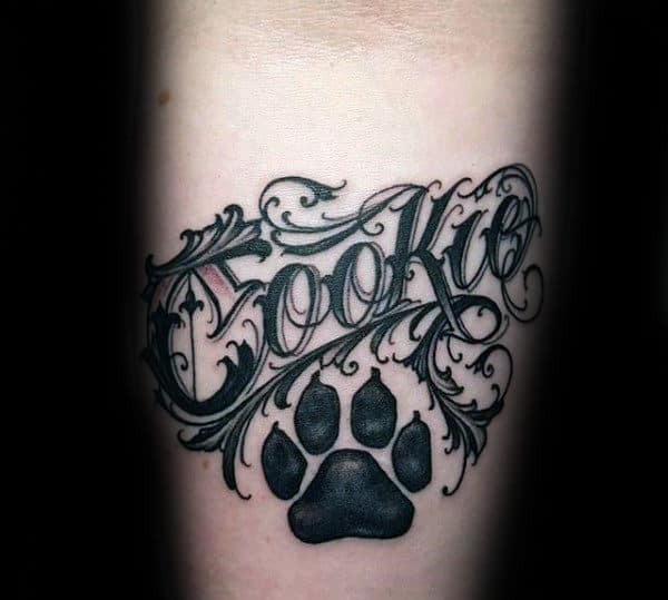 Gentleman With Memorial Dog Paw Print Lettering Tattoo