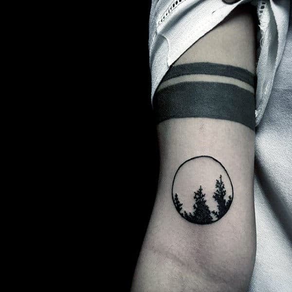 Gentleman With Minimalist Circle Tattoo Of Trees On Arm