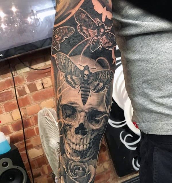 Gentleman With Moths And Skull Sleeve Tattoo