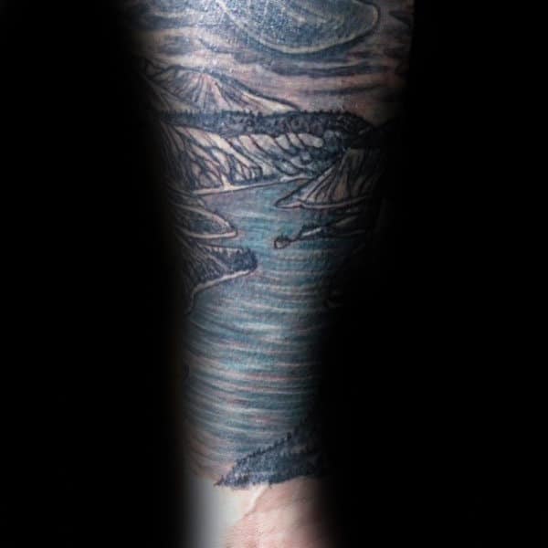 Gentleman With Mountain Ice Landscape Forearm Sleeve Tattoo