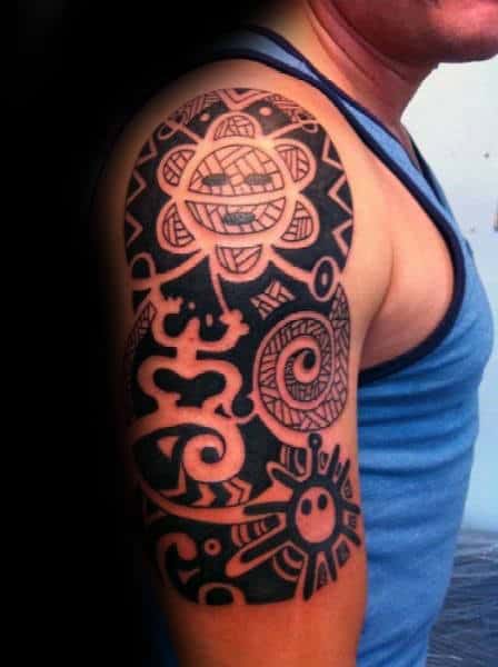Gentleman With Negative Space Black Ink Taino Tribal Half Sleeve Tattoo Ideas