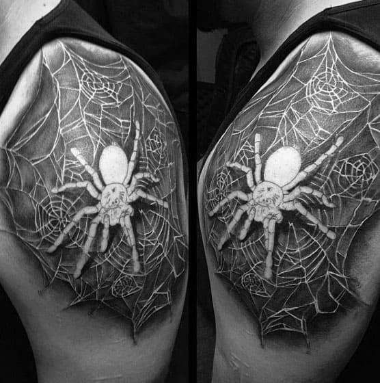 Gentleman With Negative Space Tarantula Spider Web Quarter Sleeve Tattoo