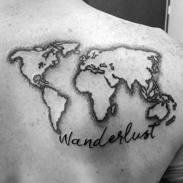 Gentleman With Negative Space World Map Wanderlust Upper Back Tattoo