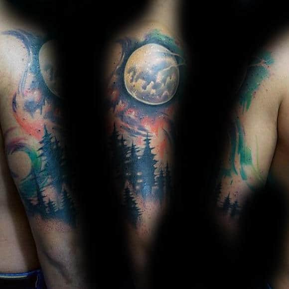 Gentleman With Northern Lights Moon Half Sleeve Tattoos