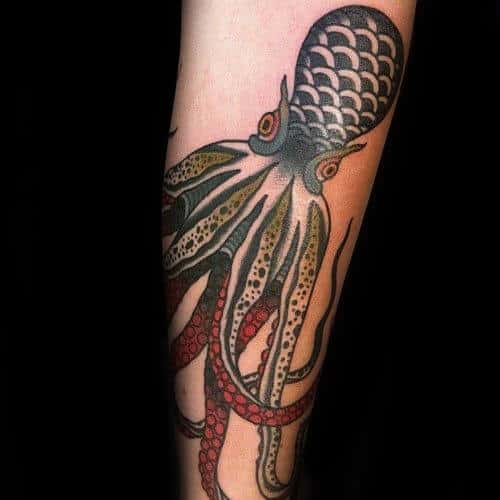 Gentleman With Old School Forearm Traditional Octopus Tattoo Deisgn