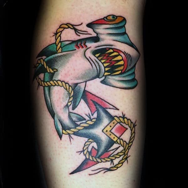 Gentleman With Old School Hammerhead Shark Anchor Arm Tattoo