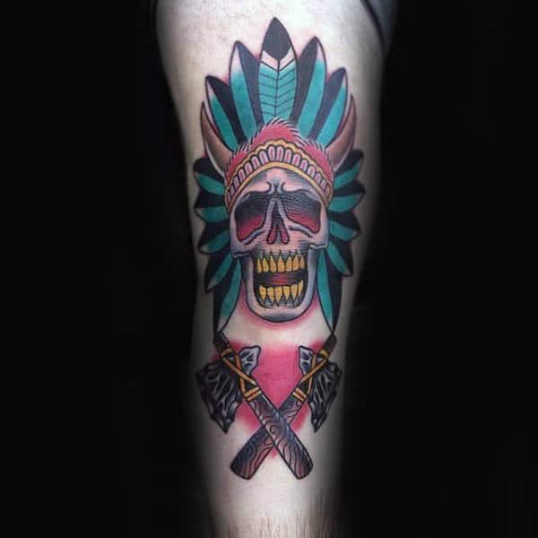 Gentleman With Old School Knee Skull And Tomahawk Tattoo Design