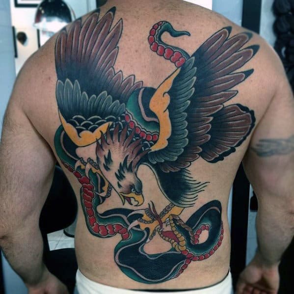 Gentleman With Old School Traditional Eagle Snake Back Tattoo