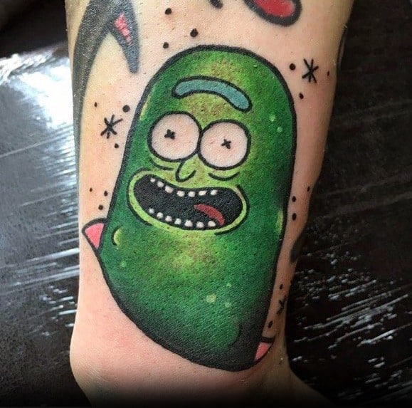 Gentleman With Old School Traditional Green Pickle Rick Tattoo
