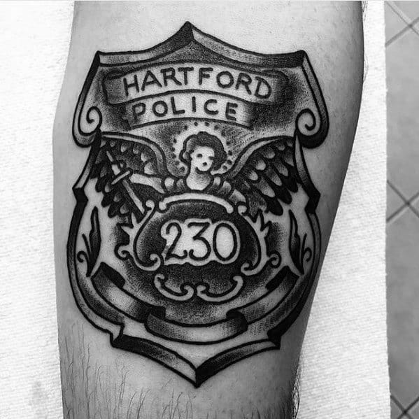 Gentleman With Old School Vintage Hartford Police Badge Tattoo On Leg