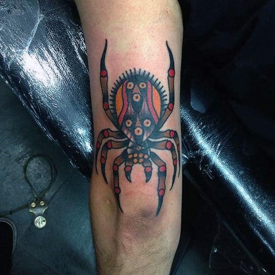 Gentleman With Outer Arm Traditional Spider Tattoos