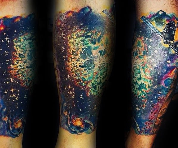 Gentleman With Outer Space Nebula Satellite Tattoo Leg Sleeve