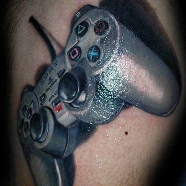 Gentleman With Playstation 3d Controller Arm Tattoo