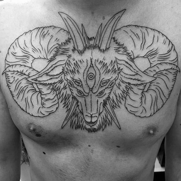 Gentleman With Ram Chest Outline Tattoo