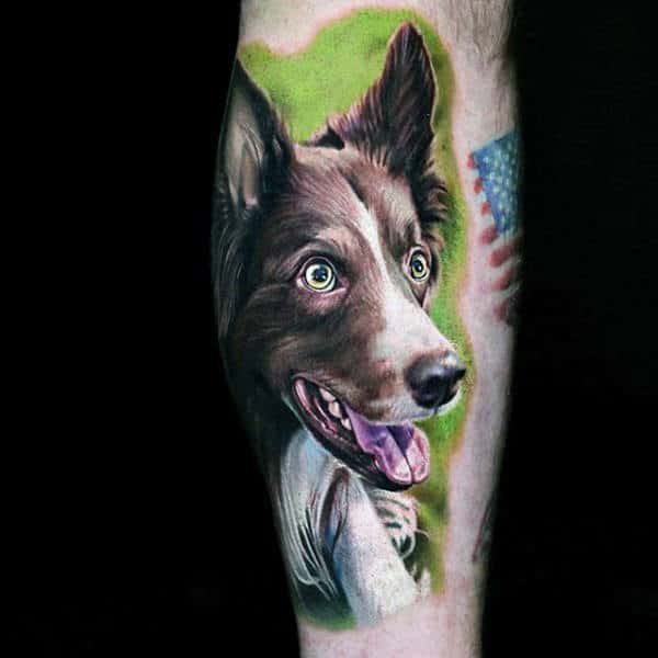 Gentleman With Realistic Green Watercolor Dog Tattoo On Arm