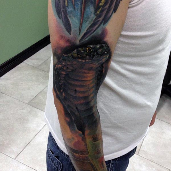 Gentleman With Realistic King Cobra Arm Tattoo