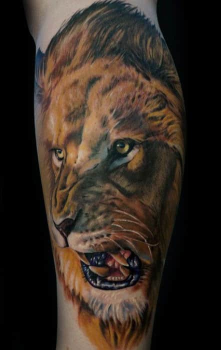 Gentleman With Realistic Lion Forearm Tattoo Design