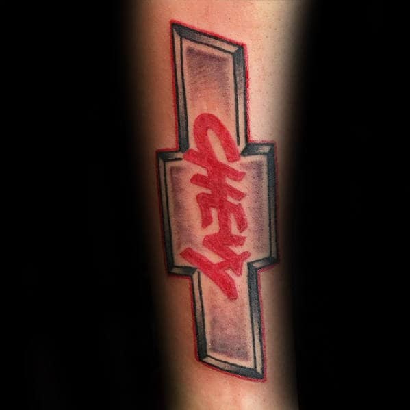 Gentleman With Red Ink Chevy Logo Forearm Tattoo