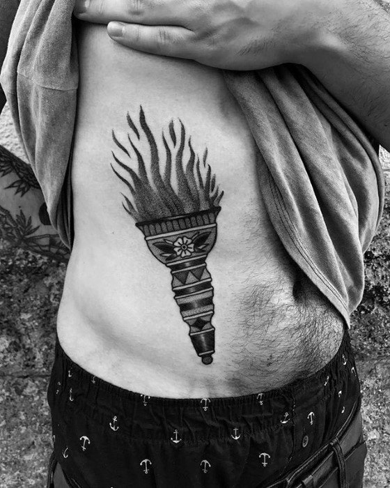 Gentleman With Rib Cage Side Torch Tattoo