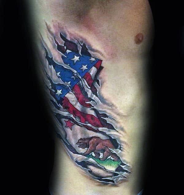 Gentleman With Ripped Skin California Bear And American Flag Rib Cage Side Tattoo