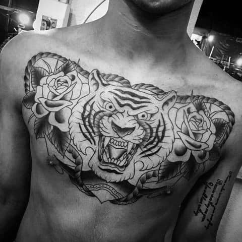 Gentleman With Roaring Tiger Traditional Rose Flower Tattoo On Chest