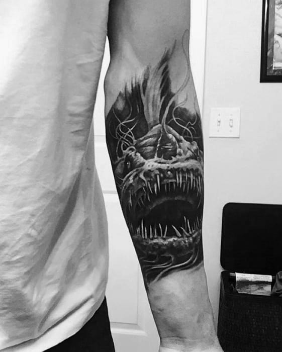 Gentleman With Shaded Black And Grey Ink Inner Forearm Angler Fish Tattoo