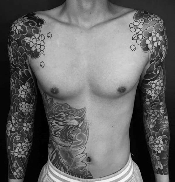 Gentleman With Shaded Black And Grey Sleeve Japanese Flower Tattoo