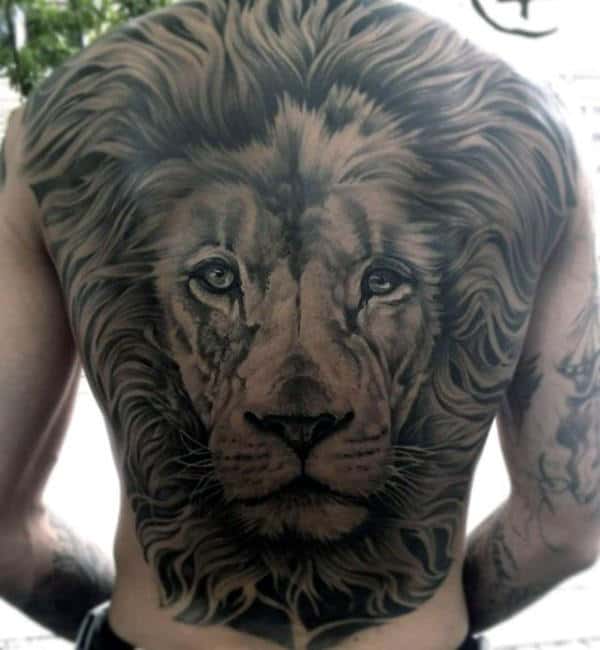 Gentleman With Shaded Dark Grey Back Tattoo Of Lion