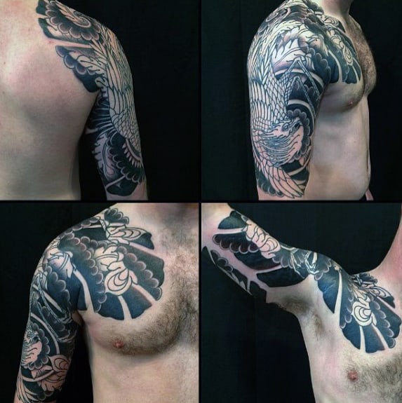 Gentleman With Shaded Japanese Phoenix Chest And Half Sleeve Tattoo