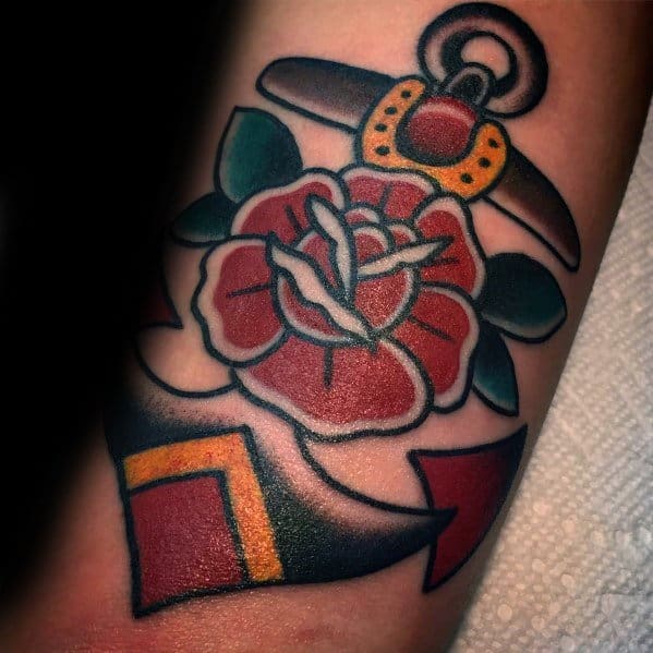 Gentleman With Simple Traditional Rose Flower Anchor Tattoo