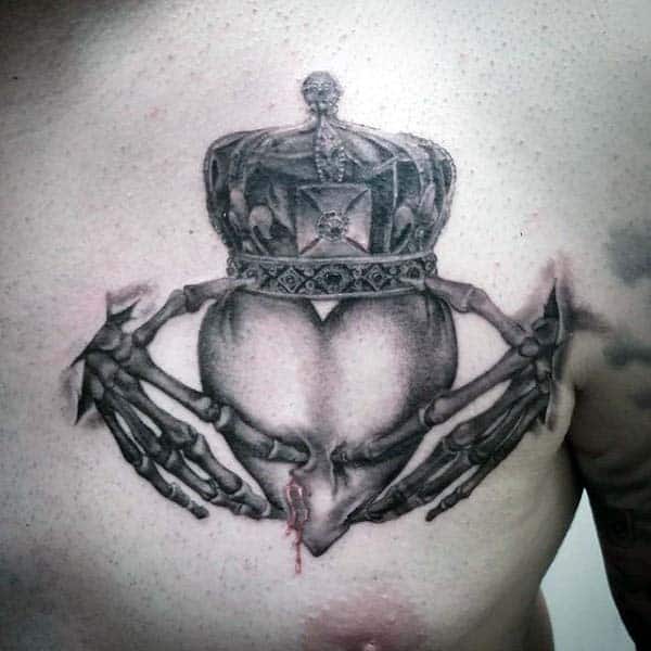 Gentleman With Skeleton Hands Claddagh Irish Tattoo On Upper Chest