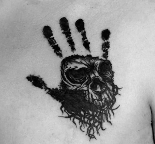 Gentleman With Skull Inside Handprint Chest Tattoo