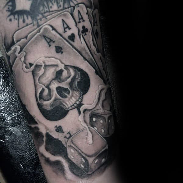 Gentleman With Skull Playing Card Tattoo On Arm